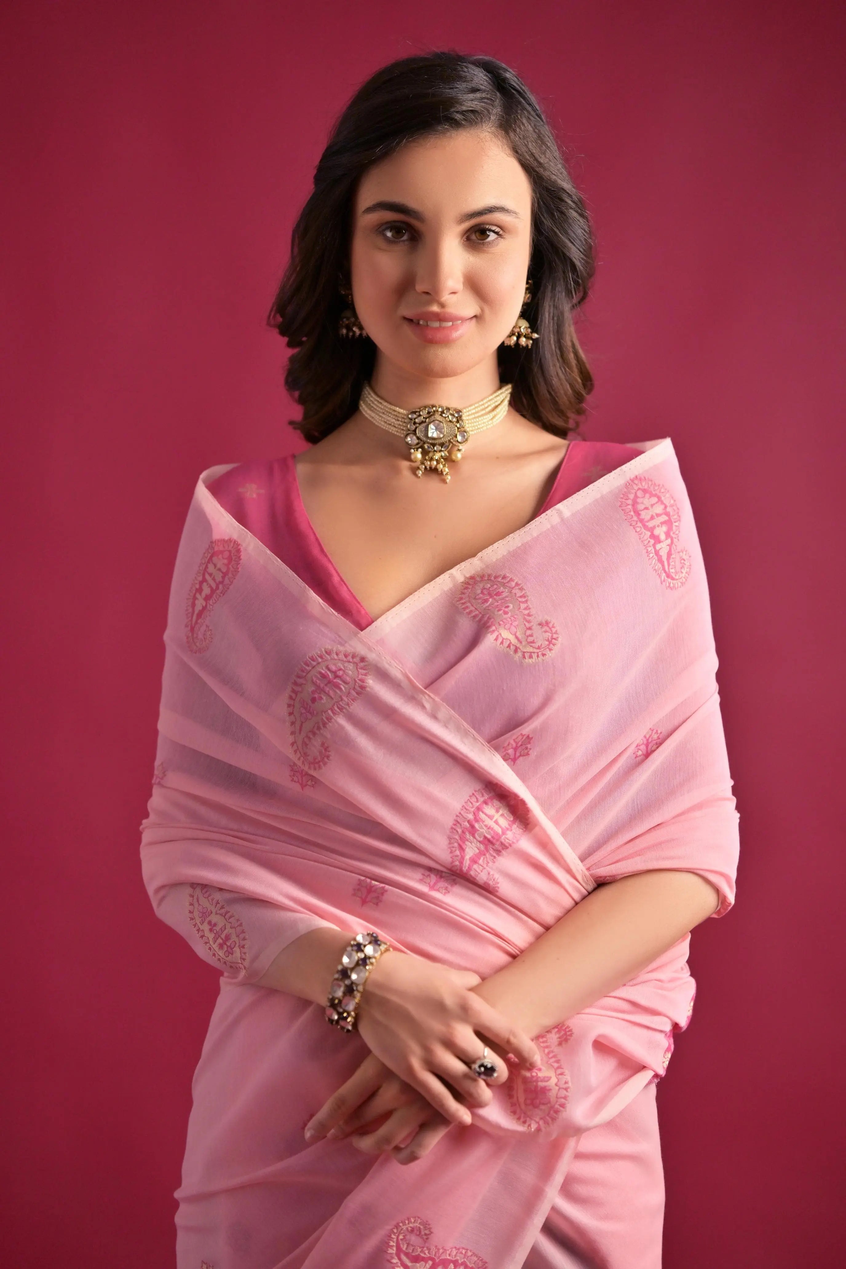 Pink Resham Weaving Soft Mul Cotton Saree